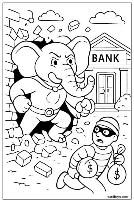 Superhero Elephant Breaking Wall Near Bank Coloring Page