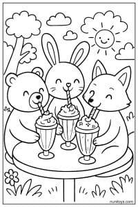 דף צביעה של דוב, ארנב ושועל שותים מילקשייקים יחד