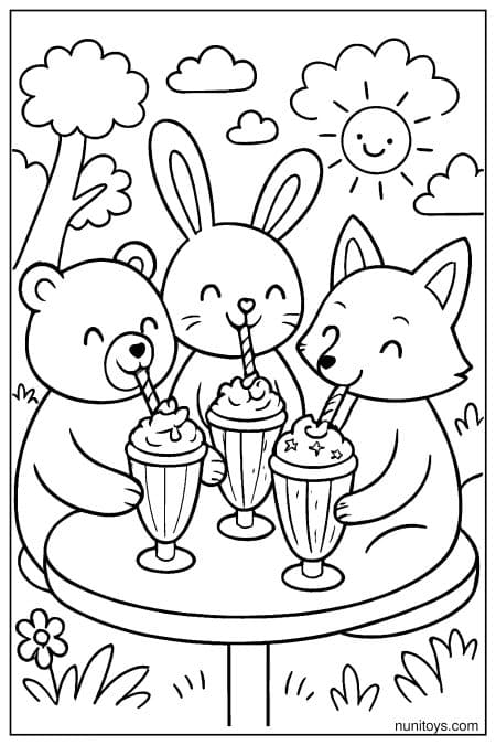 Milkshake Party with Animal Friends Coloring Page