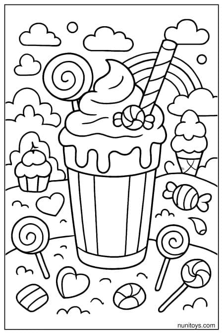 Milkshake Coloring Page with Candy Toppings and Playful Dessert Scene