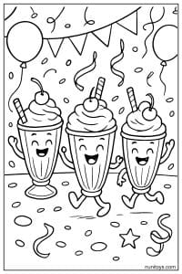 דף צביעה של מילקשייקים חוגגים עם קצפת ודובדבנים במסיבה