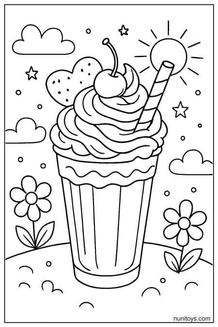 Milkshake Coloring Page with Whipped Cream Swirls and Toppings