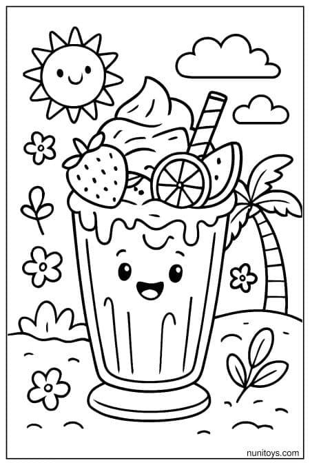 Milkshake Coloring Page with Fruit Toppings and Cheerful Summer Vibes