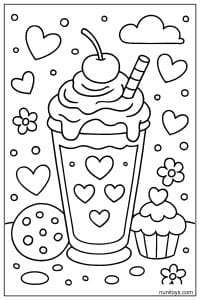 דף צביעה של מילקשייק עם לבבות, קצפת ודובדבן