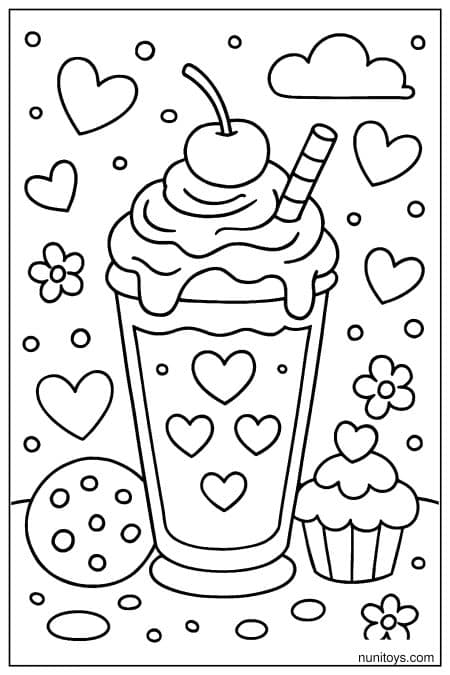 Milkshake Coloring Page with Heart Decorations and Sweet Toppings