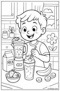 דף צביעה של ילד מכין מילקשייק עם פירות ובלנדר במטבח