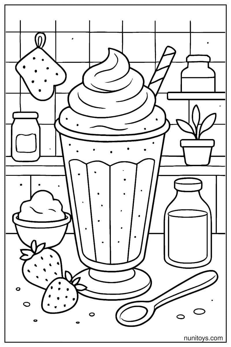 Counter Color Sheets.pdf Strawberry Milkshake on Kitchen Counter coloring page - Free PDF