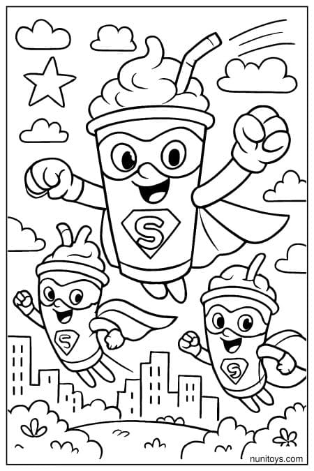Milkshake Superheroes Flying Coloring Page