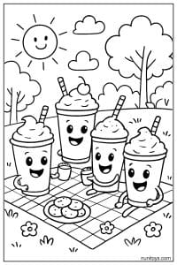 דף צביעה של מילקשייקים חמודים בפיקניק עם עוגיות בטבע