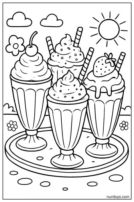 Milkshake Coloring Page: Multiple Flavors on a Dessert Tray