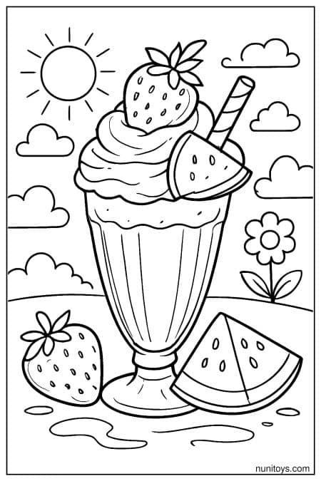 Milkshake Coloring Page with Realistic Fruit Toppings and Glass Reflections