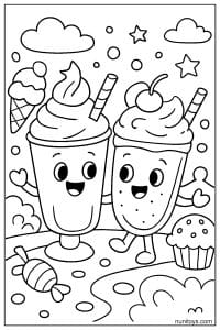 דף צביעה של שני מילקשייקים חמודים הולכים יחד עם קצפת ודובדבן