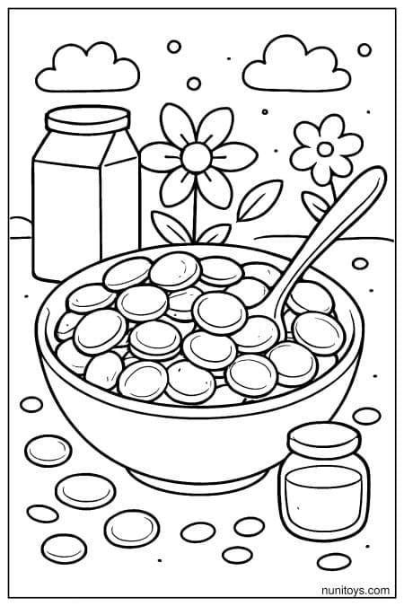 Tiny Pancakes in a Breakfast Bowl with Milk and Spoon Coloring Page
