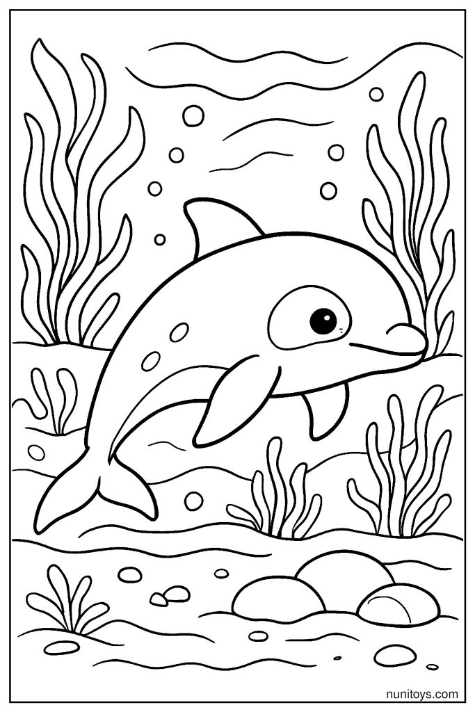 Natural Vaquita Habitat: Sandy Ocean Floor and Drifting Seaweed Coloring Page