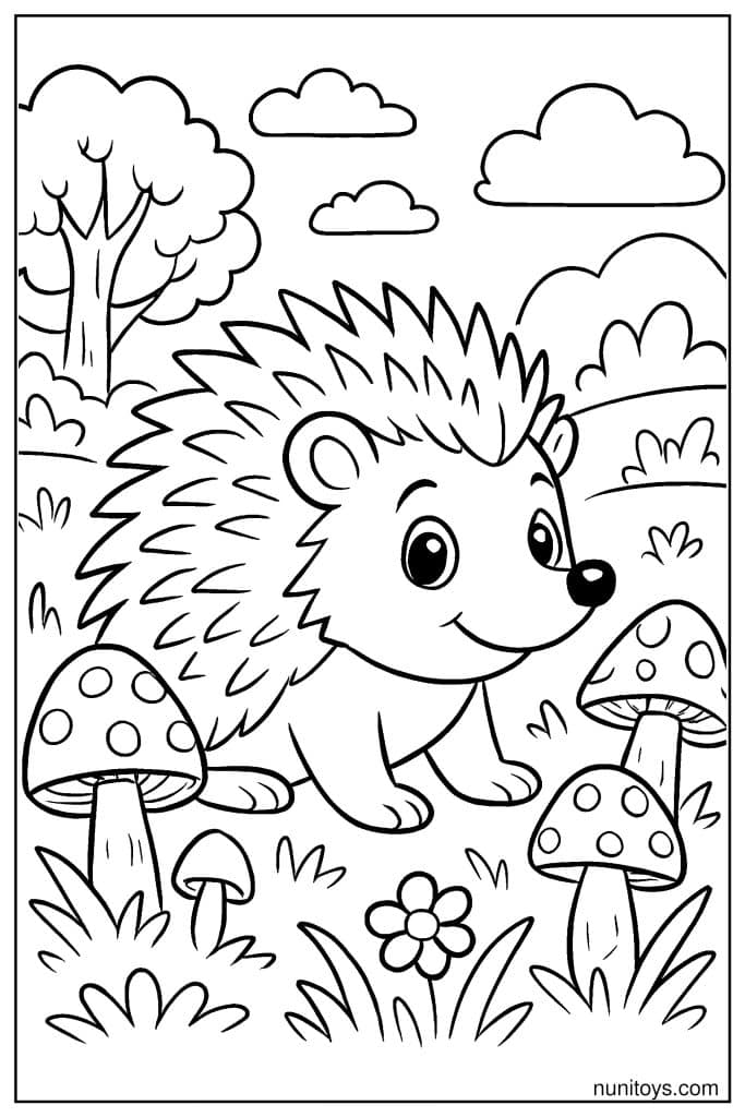 דף צביעה של קיפוד עומד בין פטריות ופרחים בשדה