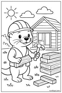 דף צביעה של לוטרה בנאי עם פטיש ולבנים ליד בית