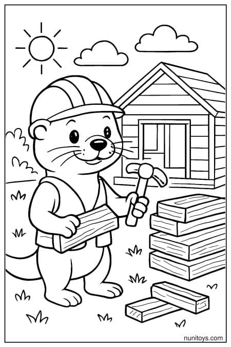 Builder Otter Working with Tools Near a Wooden House Coloring Page