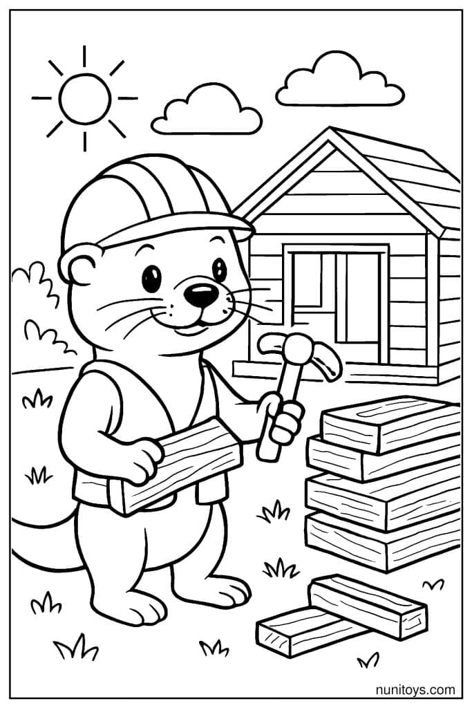 דף צביעה של לוטרה בנאי עם פטיש ולבנים ליד בית