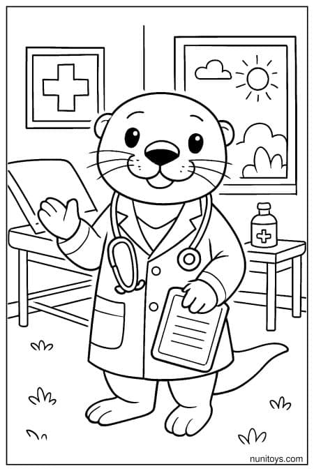 Doctor Otter in a Clinic Holding a Clipboard Coloring Page