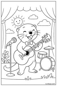 דף צביעה של לוטרה מנגנת בגיטרה על במה עם מיקרופון