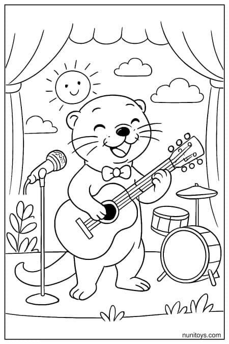 Musician Otter Playing Guitar on a Stage Printable Coloring Page