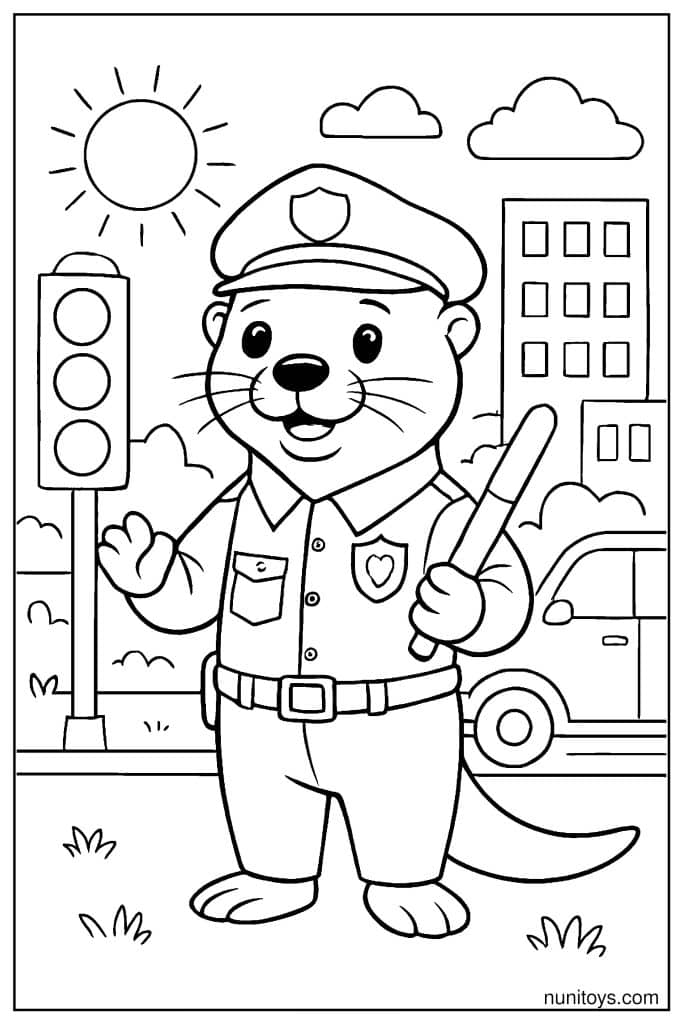 דף צביעה של לוטרה שוטר עומדת ברחוב עם אלת תנועה