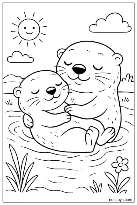 Two otters hug while floating together in calm water Coloring Page