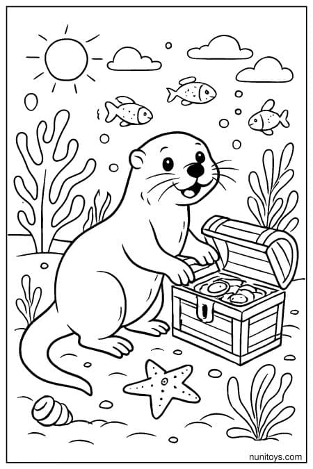 Otter opens treasure chest underwater surrounded by fish Coloring Page
