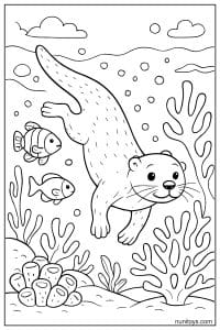 דף צביעה של לוטרה שוחה בין דגים וצמחי ים