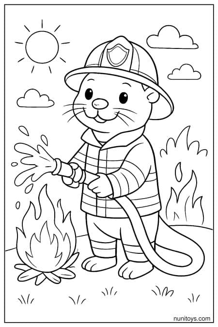 Otter dressed as firefighter sprays water on flames Coloring Page