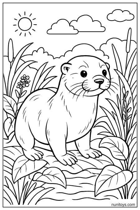 Otter stands among tall plants near water in nature Coloring Page