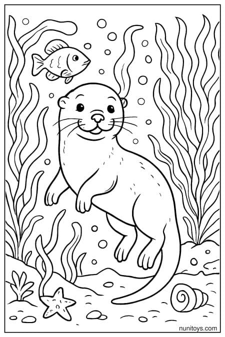 Otter floats underwater among sea plants fish and shells Coloring Page