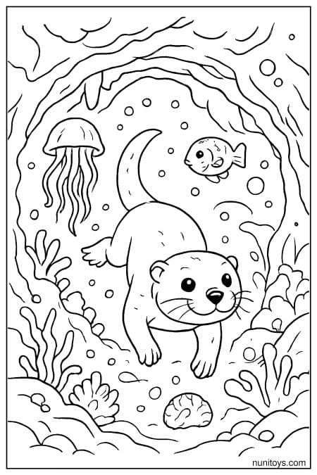 Otter swims through underwater tunnel with jellyfish nearby Coloring Page