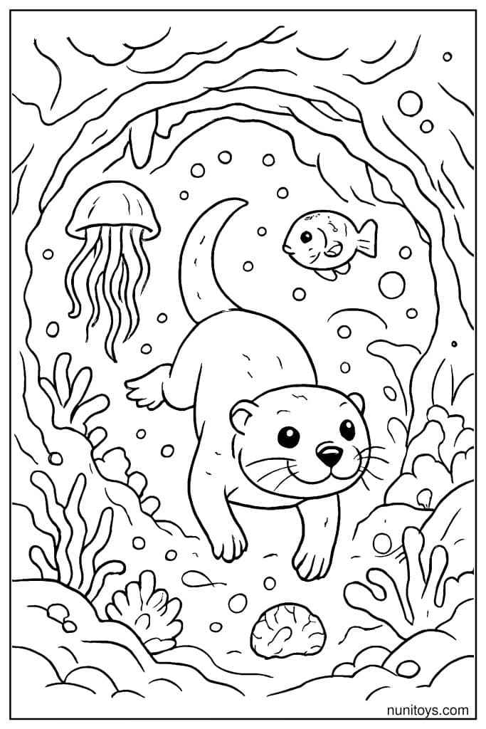 דף צביעה של לוטרה שוחה בתוך מערה תת־ימית