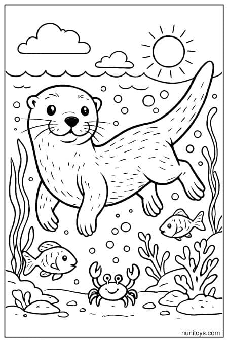 Otter swims underwater with fish crab and floating bubbles Coloring Page