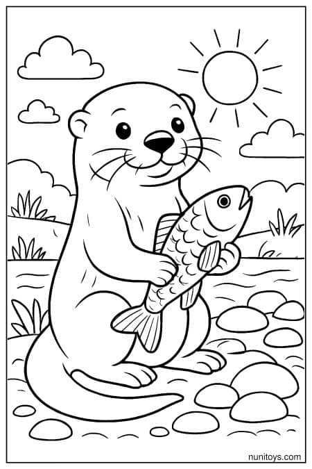 Otter holds fish while standing near water and stones coloring page
