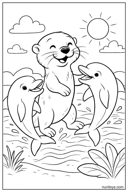 Otter plays with dolphins in shallow water near shore Coloring Page