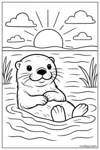 דף צביעה של לוטרה צפה על הגב במים בשקיעה