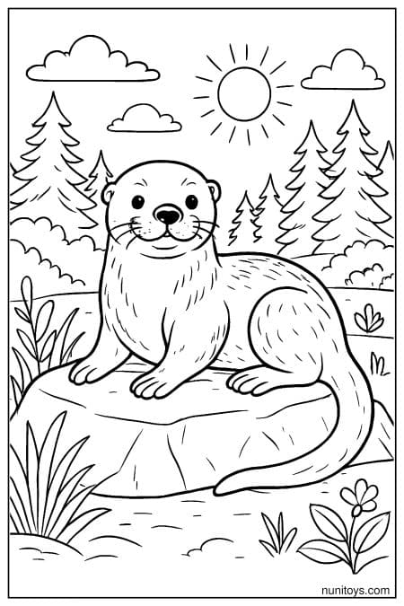 Otter sits on rock surrounded by trees and plants coloring sheet