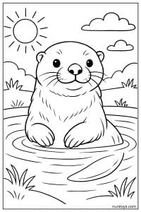 דף צביעה של לוטרה עומדת בתוך המים עם מבט קדימה