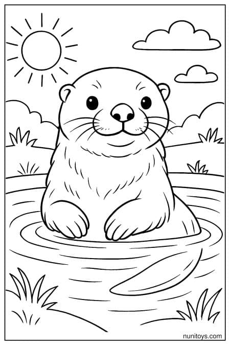 Otter sits in shallow water with ripples under sunny sky Coloring Page