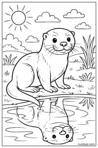 דף צביעה של לוטרה עומדת על ענף מעל מים עם השתקפות