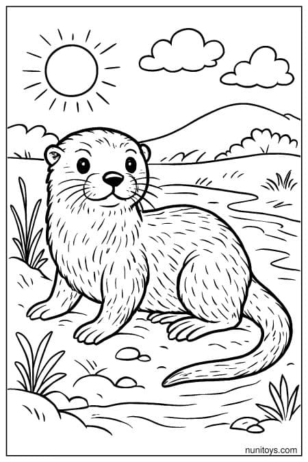 Otter sits by river with hills and plants behind coloring page