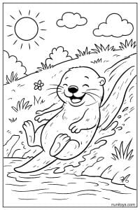 דף צביעה של לוטרה מחליקה במים במורד זרם