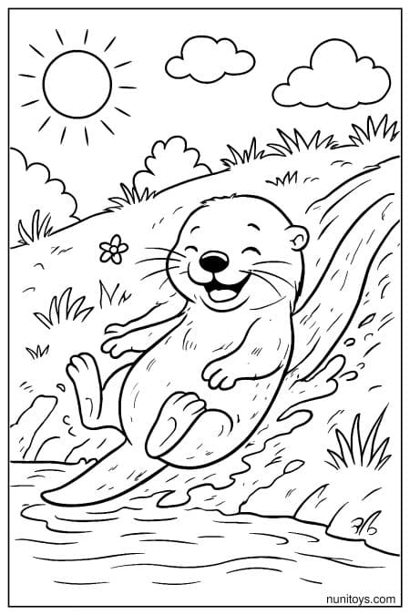 Otter slides down water stream with happy expression Coloring Page
