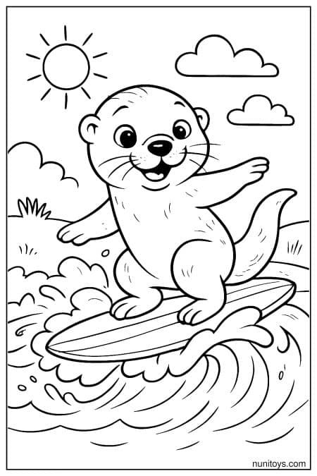 Otter rides wave while balancing on surfboard in water Coloring Page
