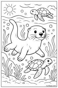 דף צביעה של לוטרה שוחה לצד צבי ים מתחת למים