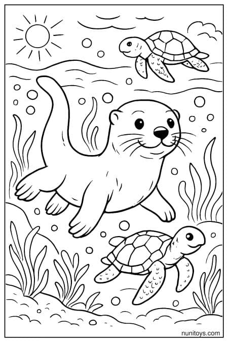 Otter swims with turtles in underwater sea environment Coloring Page