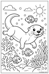 דף צביעה של לוטרה שוחה בין דגים ואלמוגים מתחת למים