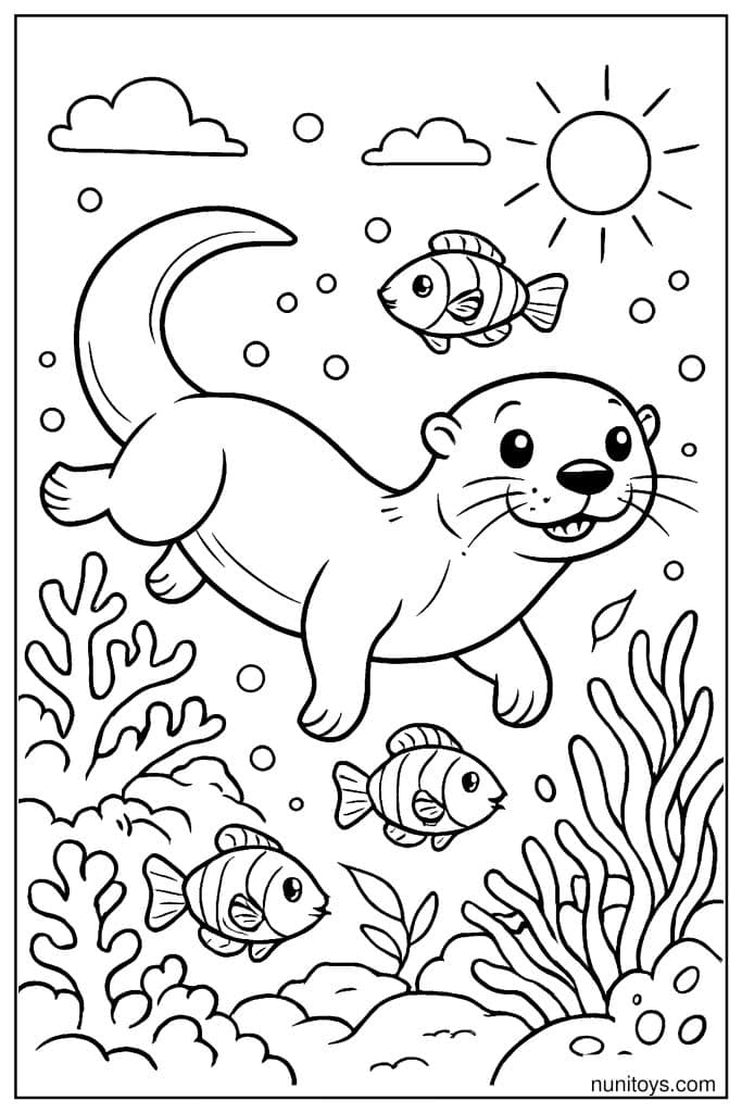 דף צביעה של לוטרה שוחה בין דגים ואלמוגים מתחת למים